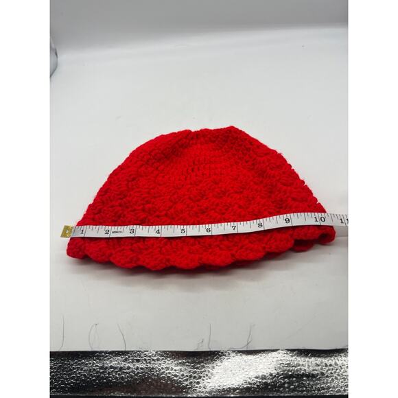 Red crochet knit woven hat beanie cap scallop edge colorful Small Womens - Picture 5 of 6